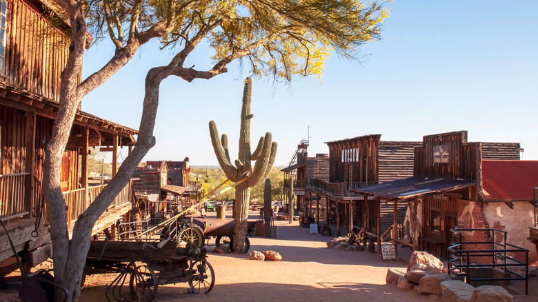 Old western town with cactus and wooden buildings