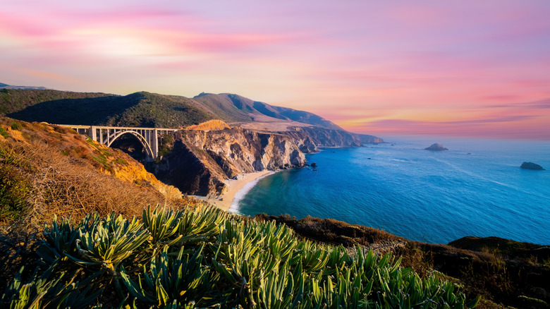 Big Sur's Bixby Bridge and the coastline at sunset