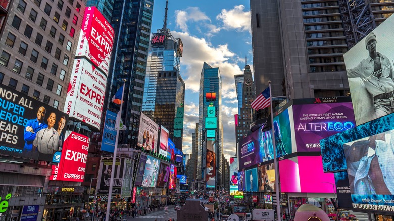 New York City's Times Square with lit up billboards and buildings