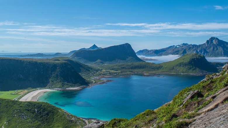 Haukland Beach with mountain aerial view