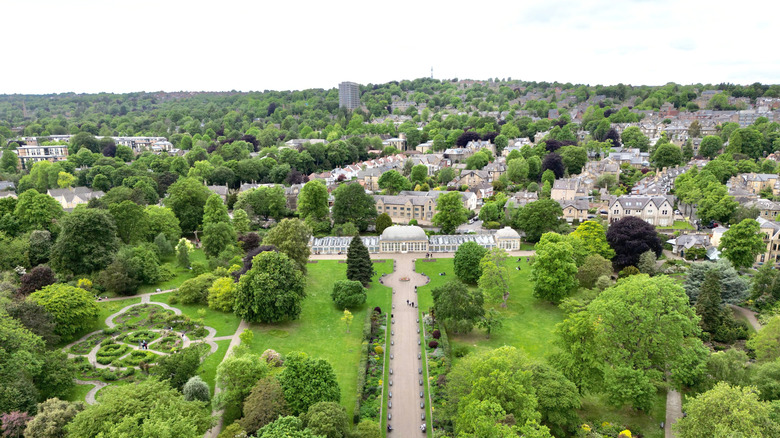 A drone shot of the Sheffield Botanical Gardens