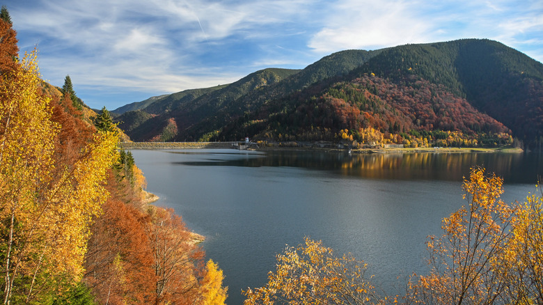Autumnal trees surround a mountain reservoir