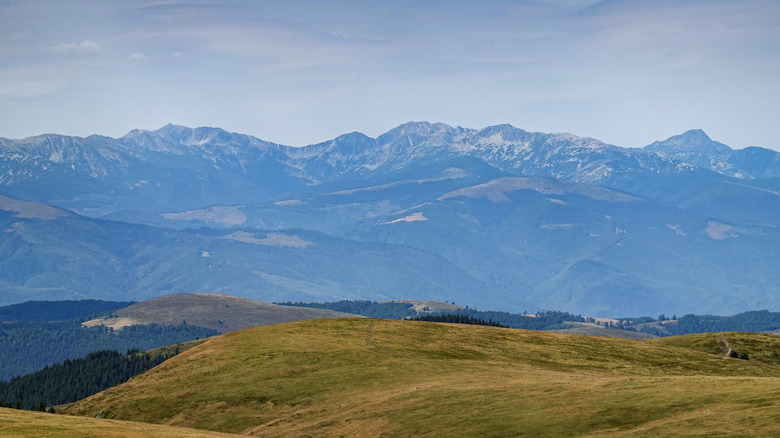 Retezat Mountains seen from the alpine pastures of Sureanu Mountains, Romania