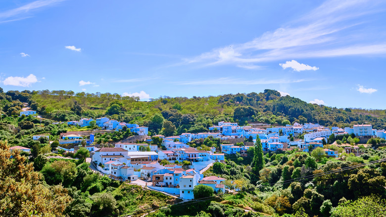 blue buildings nestled into hillside