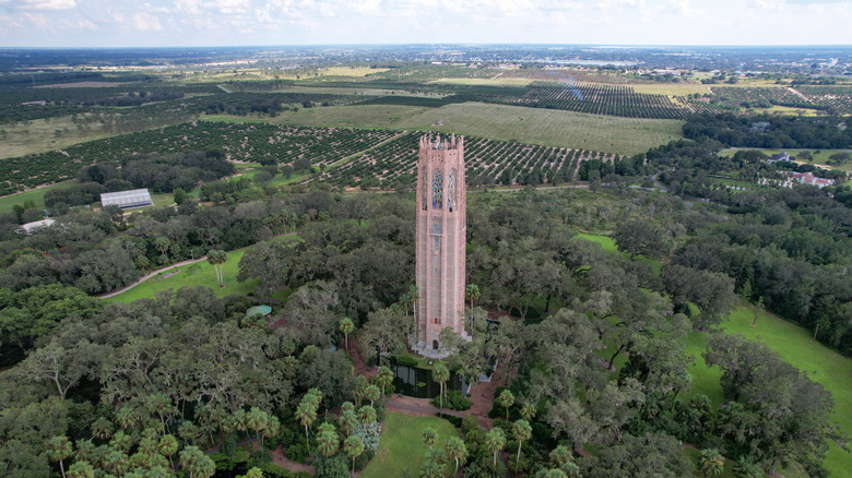 Aerial view of Bok Tower Gardens and Lake Wales in Florida