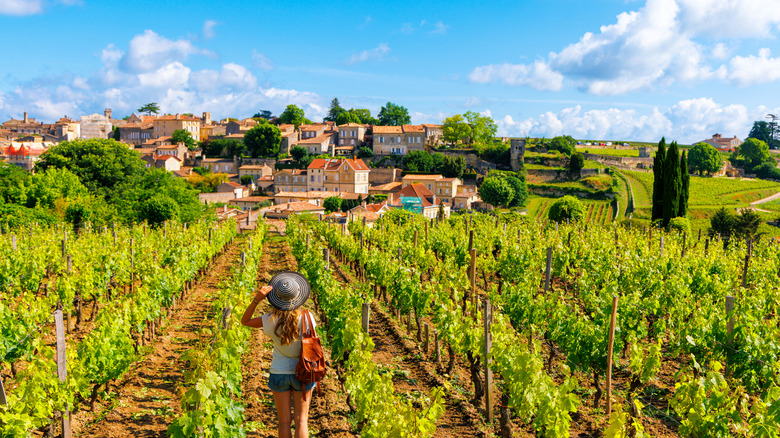 woman walking in vineyard towards a village