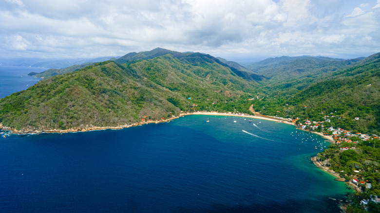 an aerial view of Yelapa along the Bahia de Banderas in Cabo Corrientes, Jalisco, Mexico