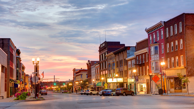 A beautiful city street in downtown Geneva, New York, at sunset.