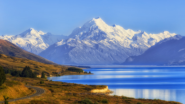 The snowy peaks of the Southern Alps in New Zealand and Lake Pukaki