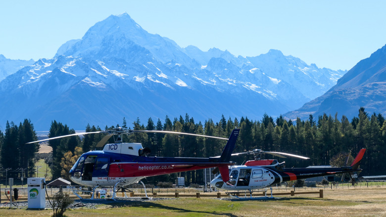 helicopters sitting in Mount Cook National Park in New Zealand