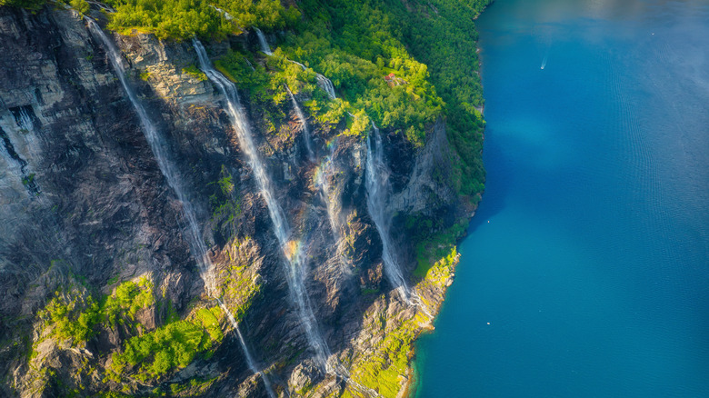 Aerial view of the Seven Sisters waterfall and Geirangerfjord