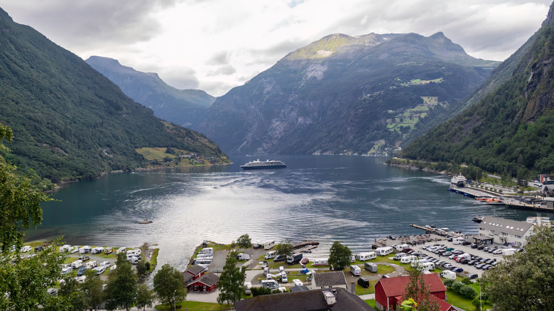 Panoramic landscape view of the Geiranger Fjord and the village of Geiranger, Norway