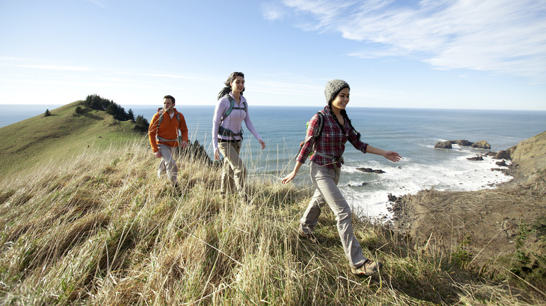 a group of friends with backpack walking near the beach