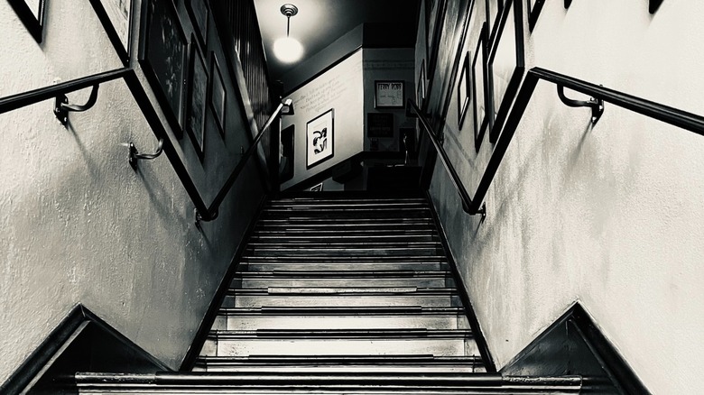 black and white photo of a staircase with frames on the walls