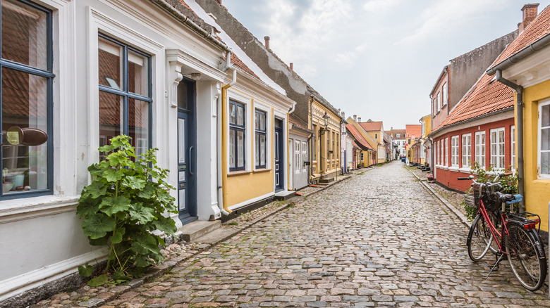 Colorful houses lining a cobblestone street in Denmark