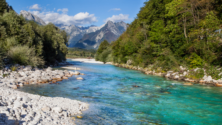 A beautiful scenic mountain landscape with turquoise waters and trees