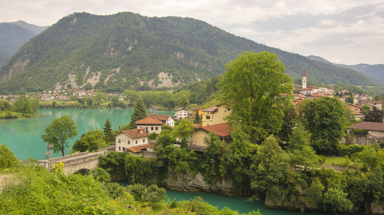 A picturesque view of a village surrounded by mountains and a turquoise lake
