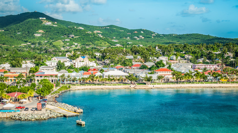 Frederiksted, St. Croix with colorful buildings, greenery, harbor, and mountains