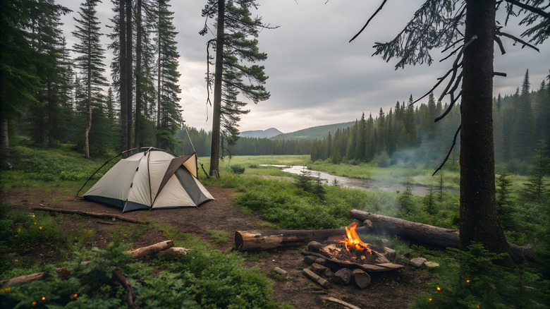 A tent near a campfire in a forest by a river.