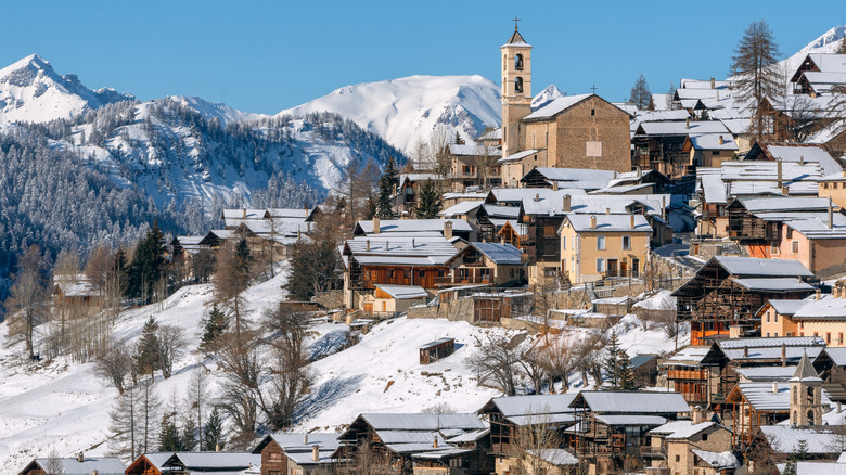 Aerial view of the snow-covered alpine town of Saint-Véran