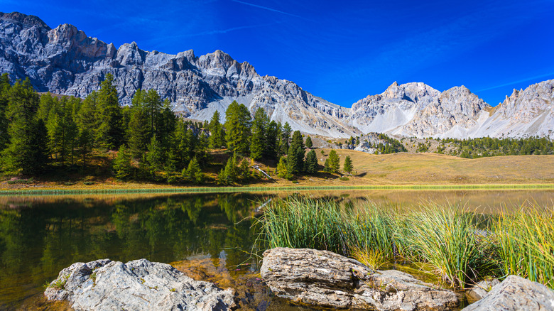 An alpine lake surrounded by rocky mountains