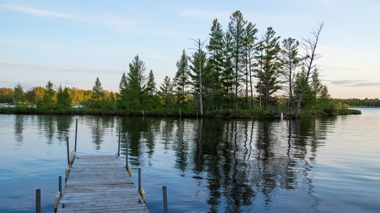 A dock on Wisconsin's Chippewa Flowage with an island in the background