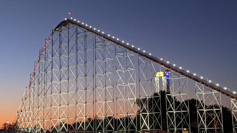 tall roller coaster at sunset at World of Fun in Kansas City, Missouri