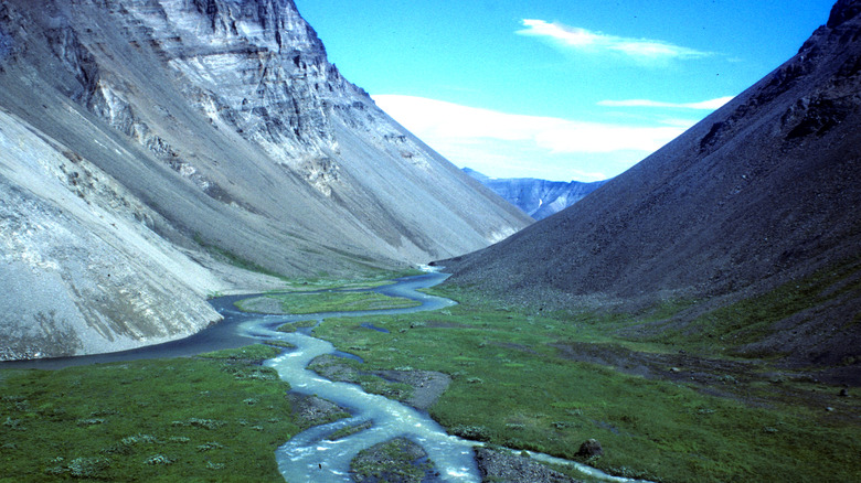 River running along the bottom of a steep, volcanic gorge surrounded by green floodplains