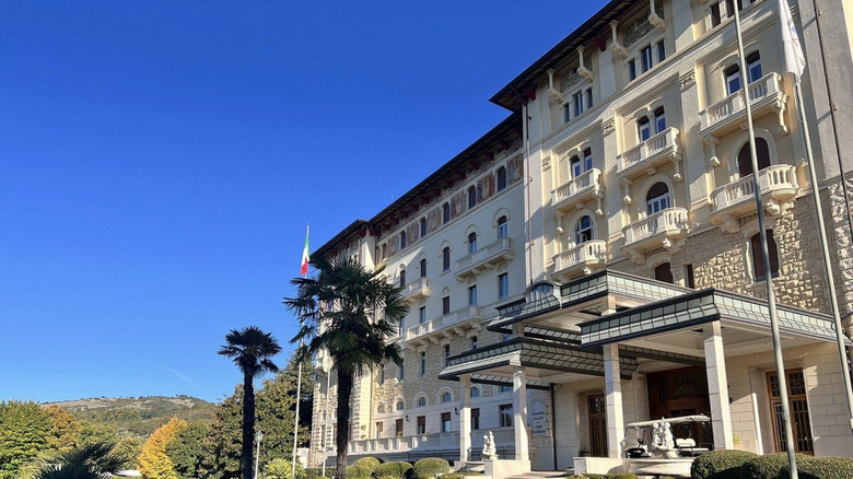 Exterior of Palazzo Fiuggi at night.