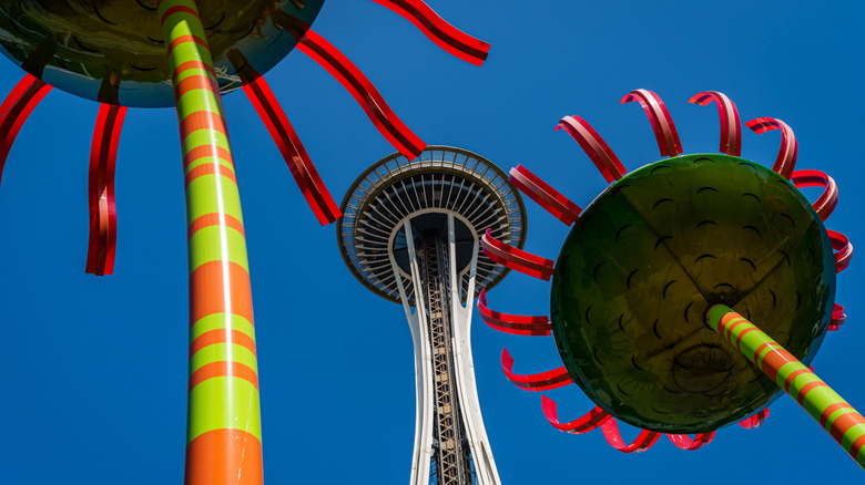 Colorful sculptures with the Space Needle behind