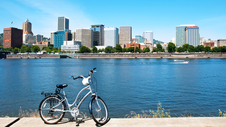 A bike parked by the water with a cityscape in the background