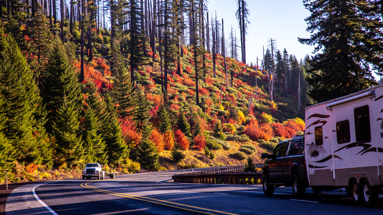 An RV drives along a road through the Santiam Pass surrounded by fall colors