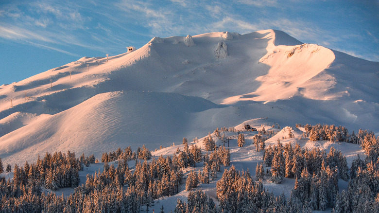 First light shines on snow-covered Mt. Bachelor in Oregon.