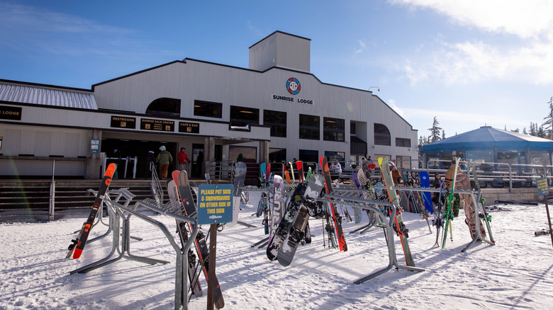 Skis propped up outside of Sunrise Lodge at Mt. Bachelor ski resort.