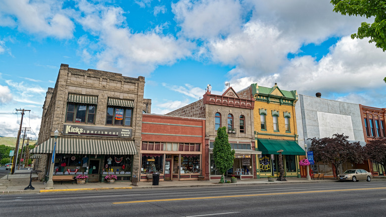 Restored, historic buildings along Main Street in Baker City, Oregon