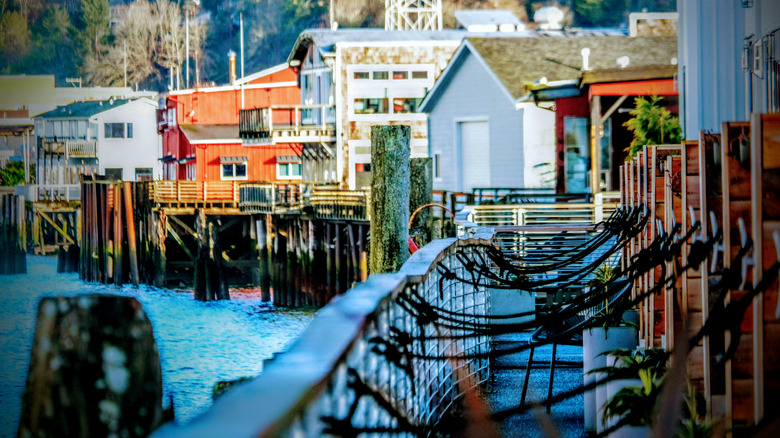Colorful waterfront buildings and boardwalk