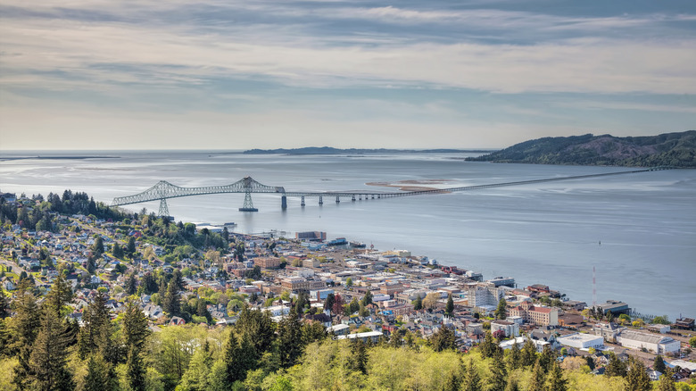 Aerial shot of Astoria, Oregon and Columbia River