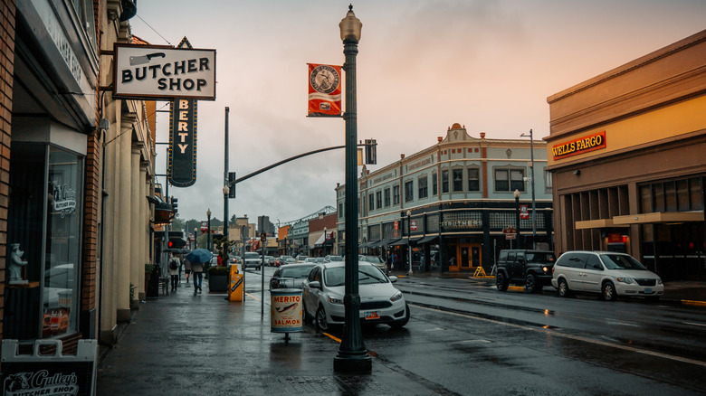 Downtown Astoria storefronts on a rainy day