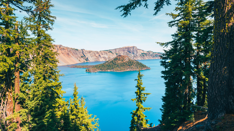 Beautiful view of Crater Lake National Park and an island
