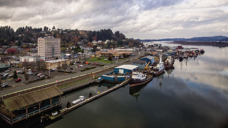 Aerial view of the boats along the historic waterfront in Coos Bay, Oregon