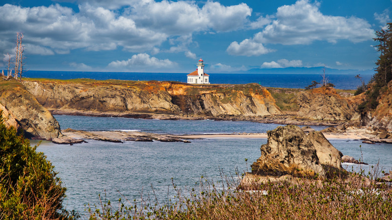 View of the Cape Arago Lighthouse along the Cape Arago Highway on the Adventure Coast of Oregon