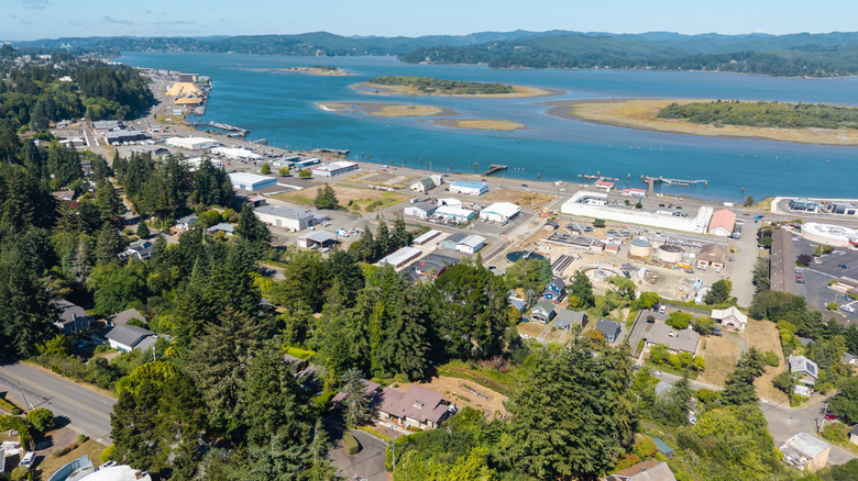 Aerial view of the buildings along the waterfront, Coos Bay, Oregon