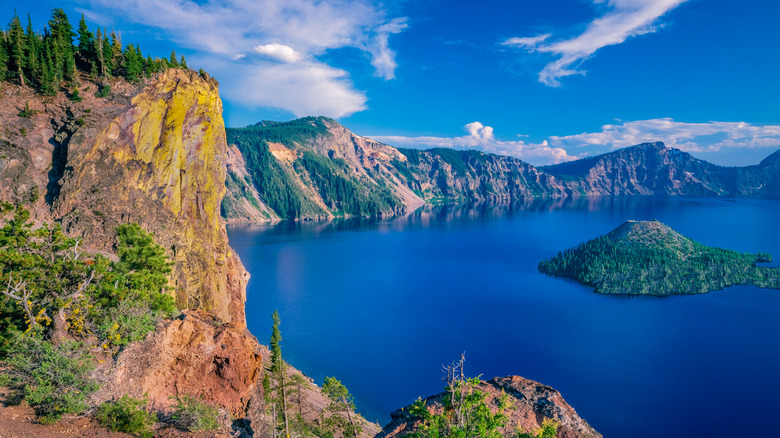 a view of Wizard Center in the center of Crater Lake in Crater Lake National Park, Oregon