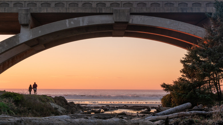 Two people under a bridge along the coast in Brian Booth State Park in Oregon.