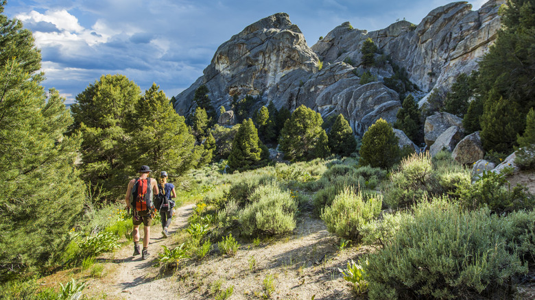 Couple hiking through greenery, rocky mountains