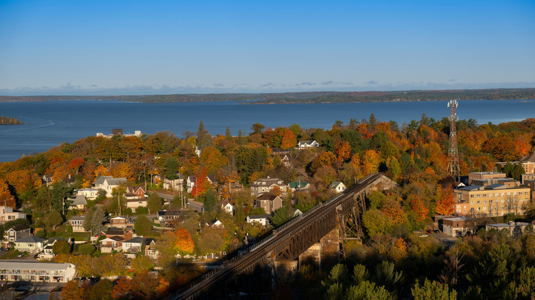 arial view of town and bay of lake