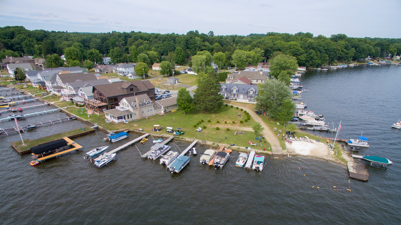 An aerial view of boats, docks, and waterfront homes along Conneaut Lake in Western Pennsylvania.