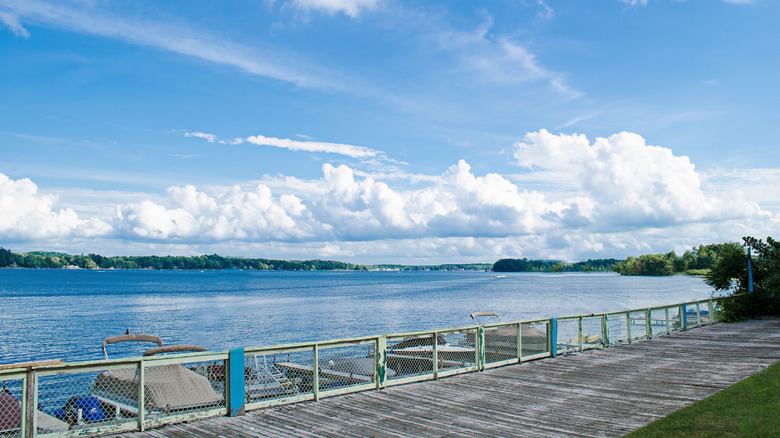 Boats docked along the boardwalk edge of Conneaut Lake in Western Pennsylvania.