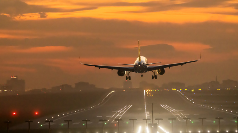 Passenger airplane landing at dusk