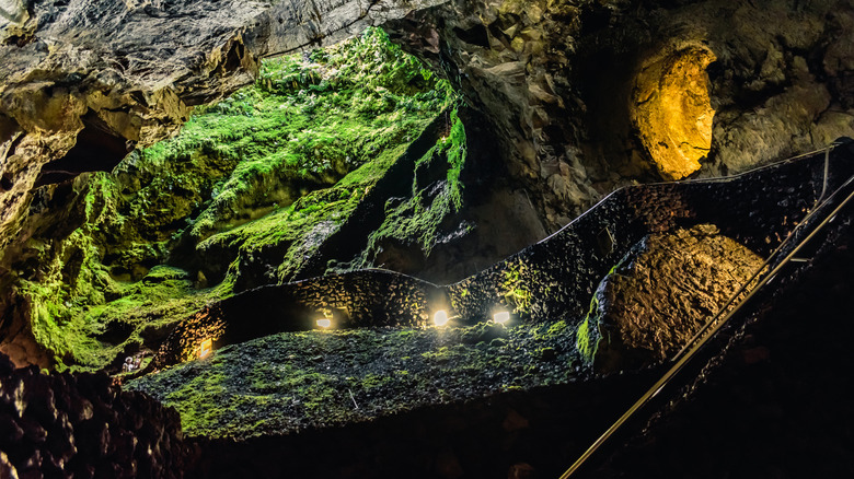 The inside of the volcano Algar do Carvão on Ilha Terceira in Portugal